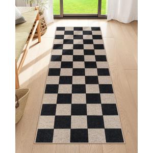 Lahome Colette Checkered Easy Jute Runner Rug, 2x6 Kitchen Runner Rug Non Slip Washable Outdoor Carpet for Entryway Indoor, Checkerboard Black Indoor Outdoor Carpet Runners for Hallway 6ft Entry