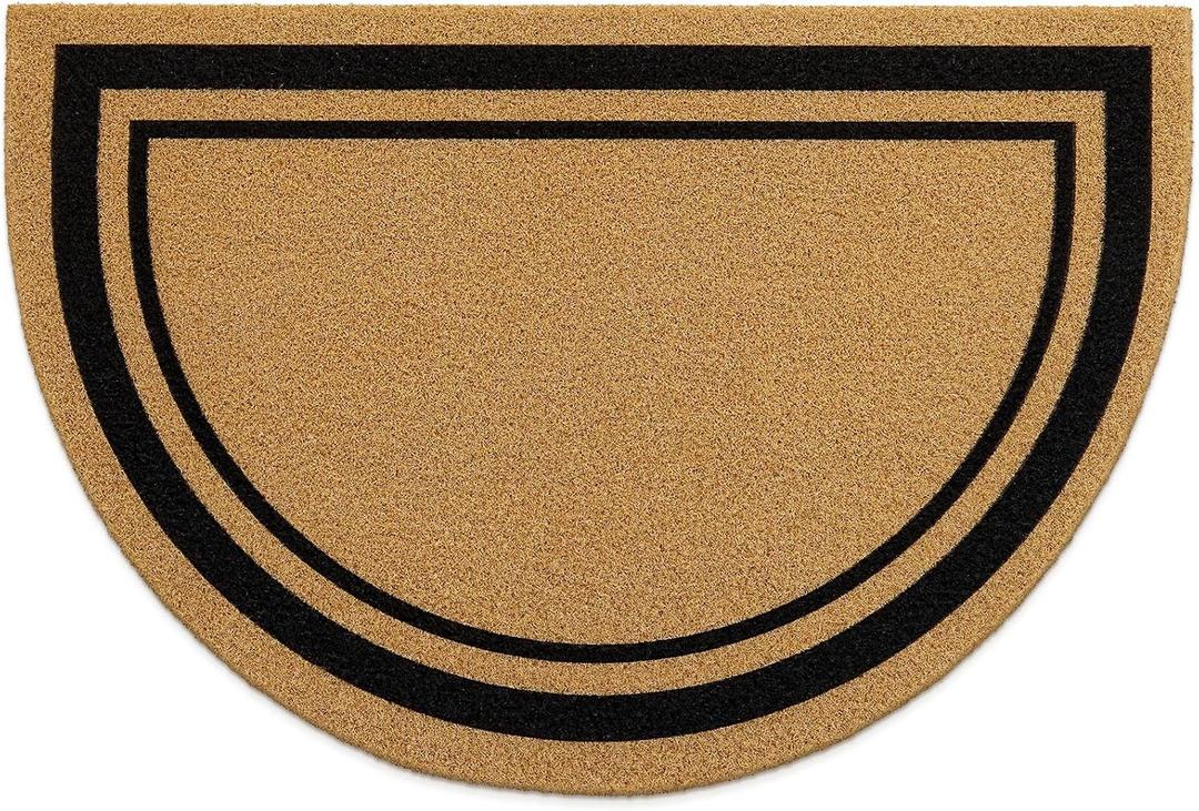 OLANLY Half Circle Front Door Mat, Low Profile Doormat, Stain and Fade Resistant, Easy to Clean, for Indoor and Outdoor Entrances, Patio Porch or Entryway, Brown (35x23 Inch, Classic Border)