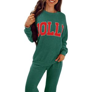 SELINK Christmas Pajamas for Women JOLLY Corded Long Sleeve Top and Pants Matching Lounge Set with Pockets (Medium, Green)