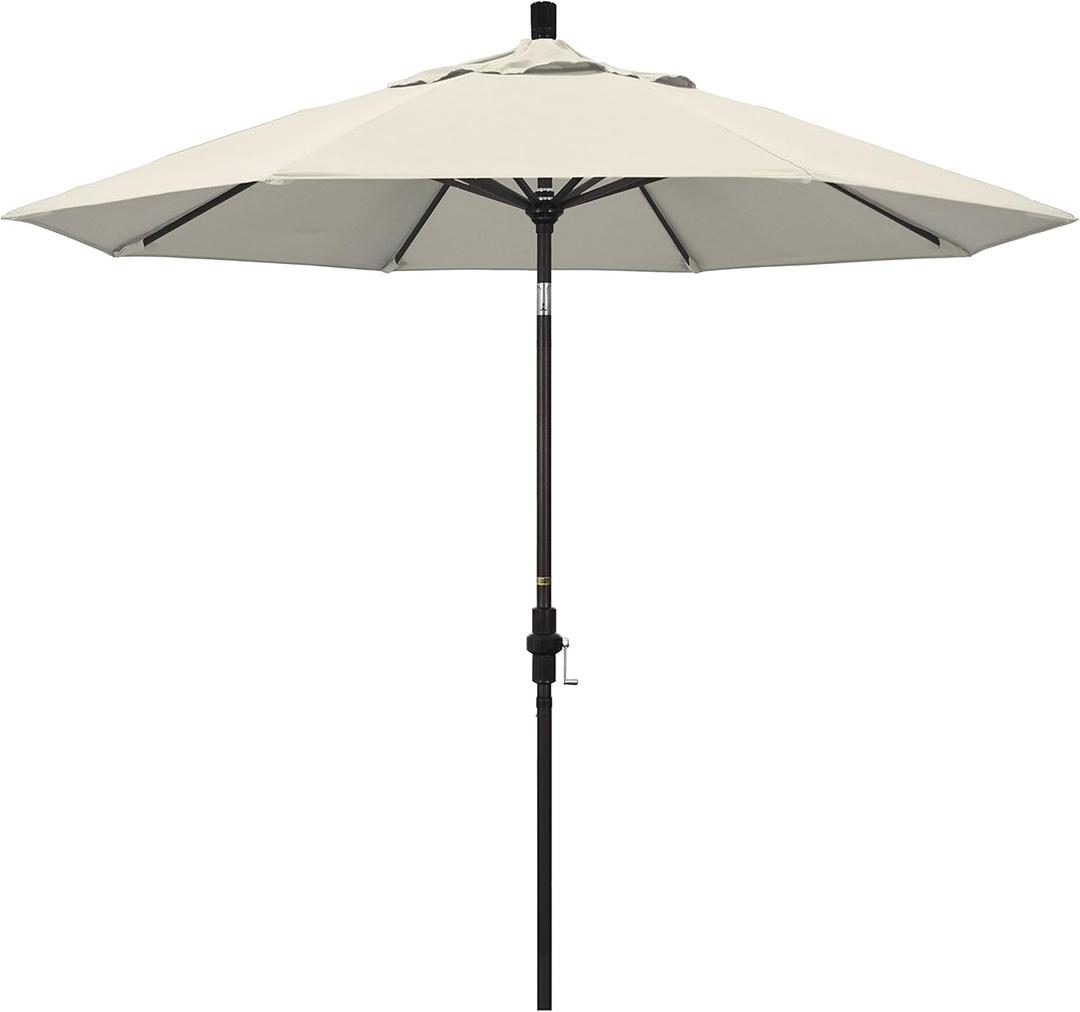 California Umbrella 9' Round Aluminum Market Umbrella, Crank Lift, Collar Tilt, Bronze Pole, Antique Beige Olefin
