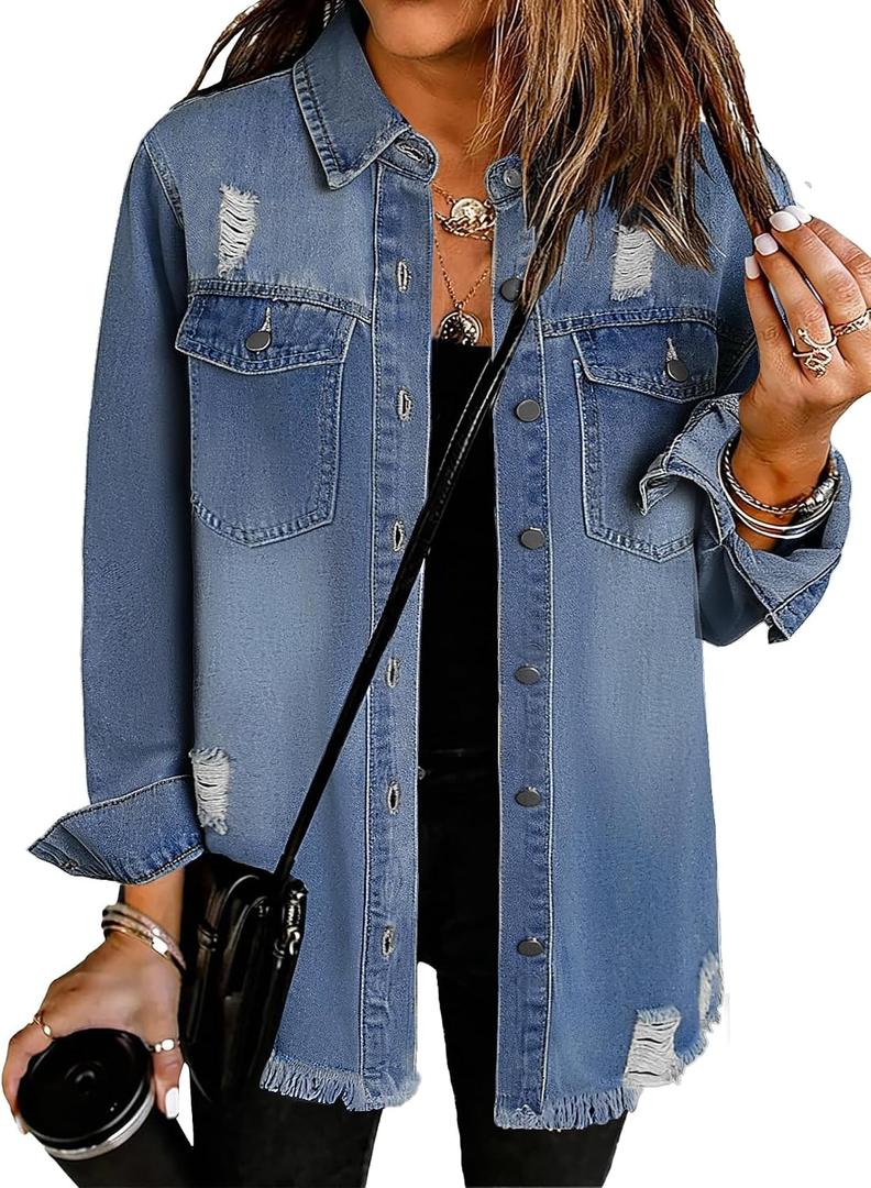 Oversized Jean Jacket Women Casual Button Down Distressed Denim Shacket (XXL, R-knight Blue)