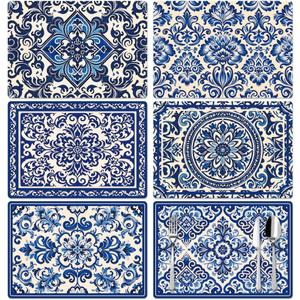 Peacoblue Blue Ethnic Pattern Placemats Set of 6,12"x17" Waterproof Washable Table Place Mats for Indoor Outdoor Farmhouse Party Kitchen Dining Table Decoration