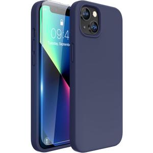 Miracase Designed for iPhone 13 Case, with Tempered Glass Screen Protector, [Soft Anti-Scratch Microfiber Lining], Shockproof Liquid Silicone Rubber Phone Cover Case for 13 6.1 inch, Dark Blue