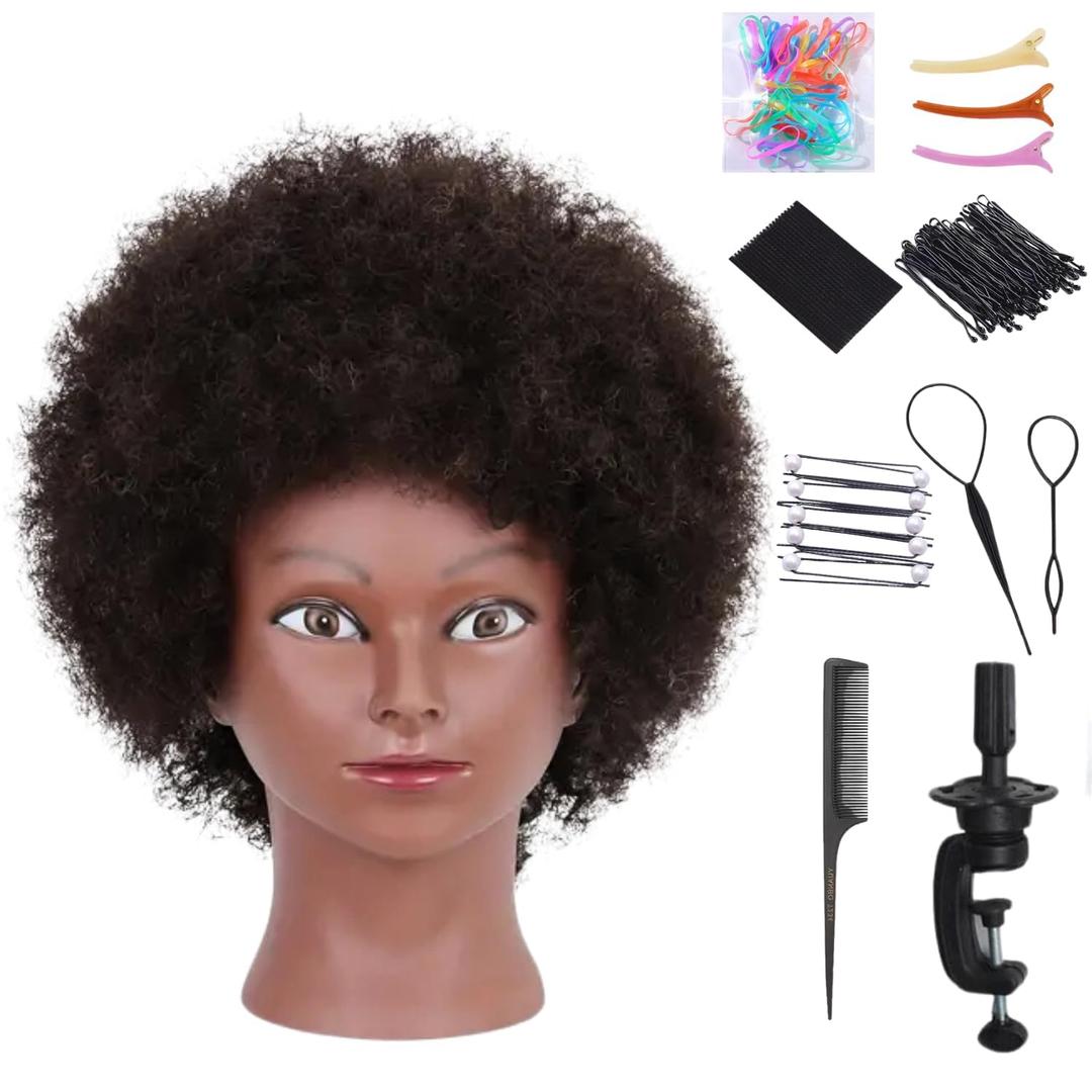 Afro Curly Mannequin Head with 100% Human Hair 10'' Curly Hair Hairdresser Hair Styling Cosmetology Manikin Doll Head for Hairdresser Braiding Practice Hairstyling with Free Clamp Holder