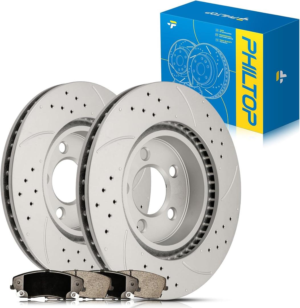 PHILTOP Front Brake Pads and Rotors Kit, OE Drilled & Slotted Rotors and Ceramic Brake Pads for Dodge 2006-2018 2020-2021 Charger, Chrysler 2005-2021 300, Dodge 2009-2018 2020-2021 Challenger (53022+D1056)