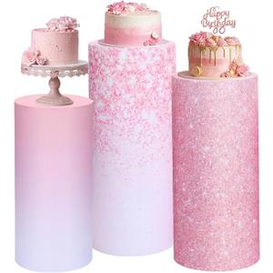 Mindsoft Set of 3 Gradient Pink Glitter Spandex Cylinder Stand Covers for Party, Flexible Cylinder Pedestal Covers, Dessert Tables Display for Birthday Party Wedding Baby Shower Backdrop Decor