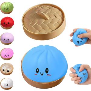 Dumpling Squishies Toy, Giant Glitter Dumpling, Colorful Steamed Bun Stress Balls Fidget Sensory Toy,Squeeze Dough Ball Stress Relief Hand Toys with Food Steamer Stretchy Desk Toys (Blue)