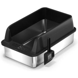 Stainless Steel Cat Litter BoxMetal Kitty Litter Box with High Wall Sides Enclosure for Big and Small Cats, Odor Control, Easy Clean,Non-Sticky, Anti-Leakage (Open Top Litter Box-Black)
