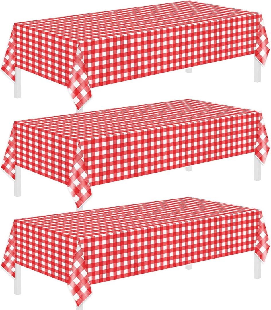 Childom 3 Pack Red and White Checkered Tablecloths 54"x108" Christmas Tablecloths for Rectangle, Disposable Plastic Table Cover for Weddings, Home, Birthday,Picnic,Buffet, Pizza Party,Racing Car Decors