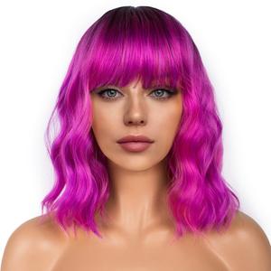 Short Bob Wigs with Bangs for Women Loose Wavy Wig Curly Wavy Shoulder Length Bob Synthetic Cosplay Wig for Girl Colorful Costume Wigs (Rose mixed Purple, 15 inches)