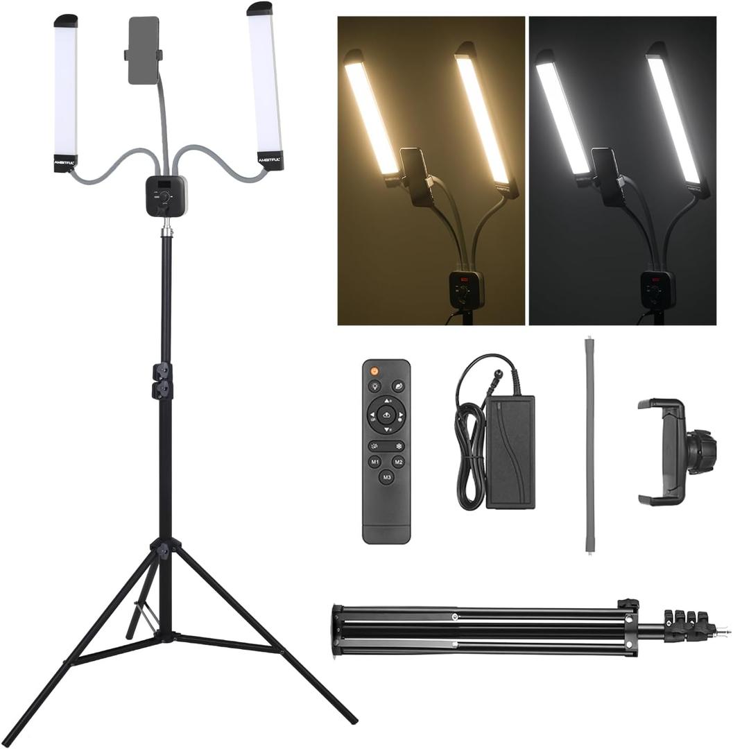 Esthetician Light AMBITFUL AL-20 with Phone Holder Double Arms Beauty Light 3000K-6000K with adjustable Tripod Stand,Remote controlLCD Screen for Makeup,Manicure,Tattoo,Live Streaming