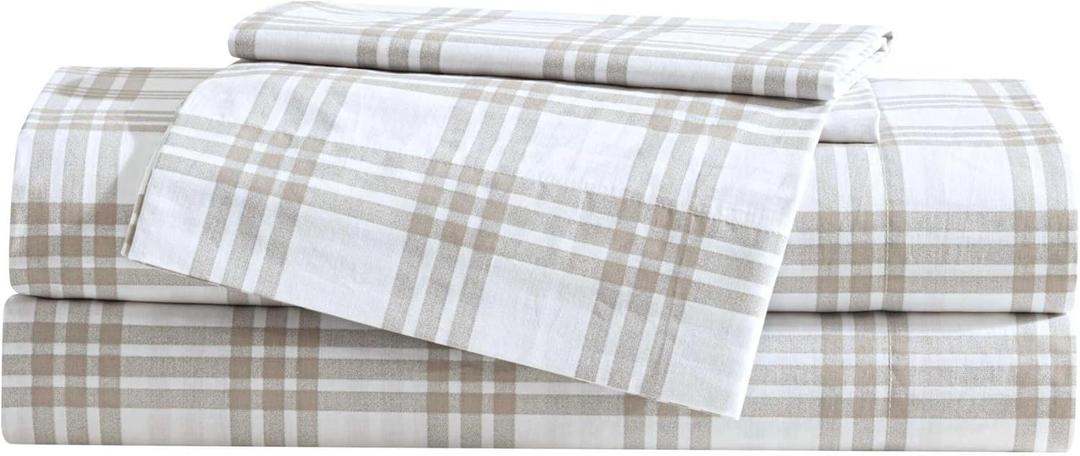 Eddie Bauer - Queen Sheet Set, Cotton Percale Bedding Set, Super Soft and Bedding Set, Oeko-Tex Certified (Basic Plaid Beige, Queen)