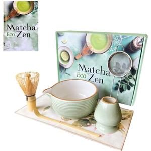 AROU - Matcha Eco Zen 7Pcs Matcha Set Whisk and Bowl, Small Whisk with Holder, Tea Cloth, Sifter, Bamboo Scoop  Spill Free Ceremonial Grade Japanese Tea Set with Handbook  Ideal for Beginners