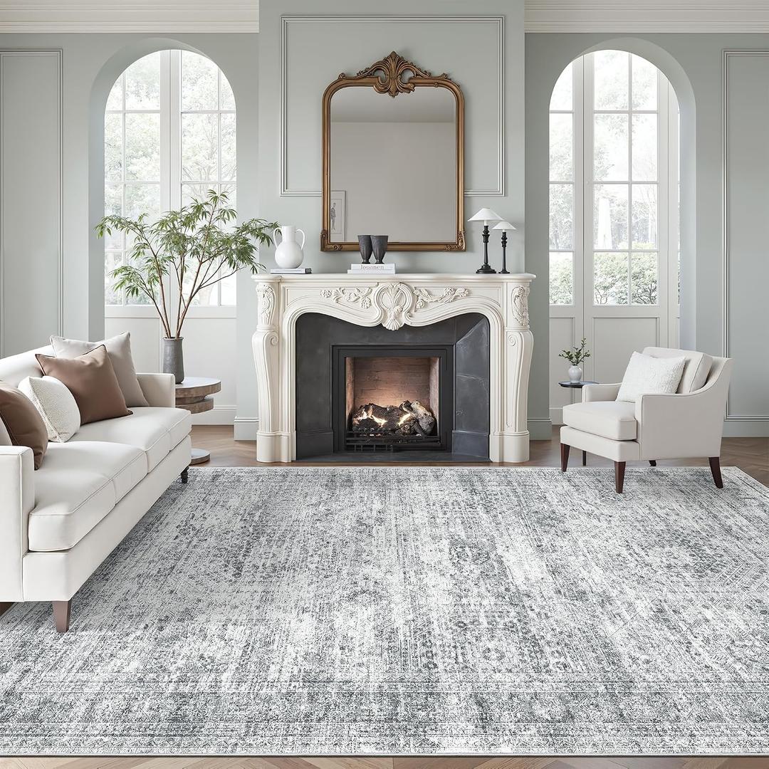 Soalmost 9x12 Area Rugs for Living Room, Non Slip Machine Washable Vintage Rugs, Low Pile Lightweight Large Rug for Bedroom, Dining Room, Home Office Grey