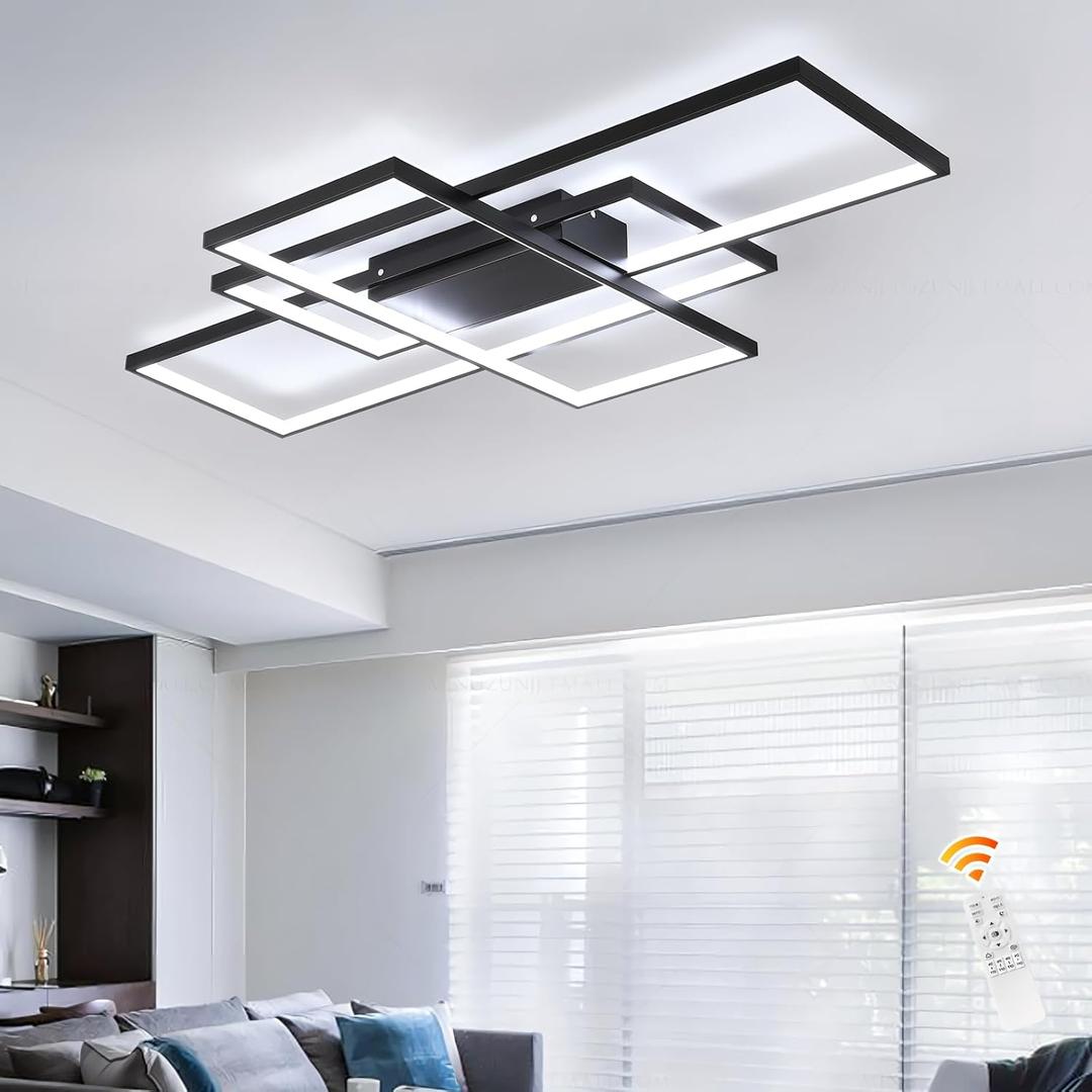 GEADI Modern Large Led Ceiling Light for Living Room,35.4" Black Dimmable Ceiling Lights for Bedroom with Remote Control,3 Rectangular Light Fixtures for Kitchen Dining Room Office, 3000-6500K