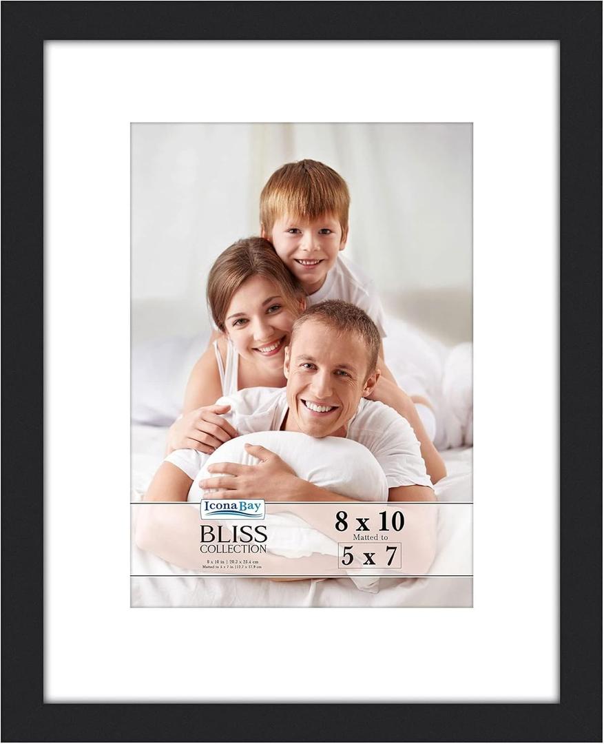 Icona Bay - 8x10 Black Picture Frame with Removable Mat for 5x7 Photo - Modern Style Engineered Wood Frame - Table Top or Wall Mount - Bliss Collection