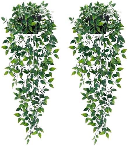 Waipfaru 1Pcs Fake Hanging Plants with Pot Deep Green Eucalyptus Leaves UV Resistant Fake Vines Ivy Artificial Plants Outdoor Faux Plants Indoor Bedroom Living Room Boho Wall Porch Shelf Decor