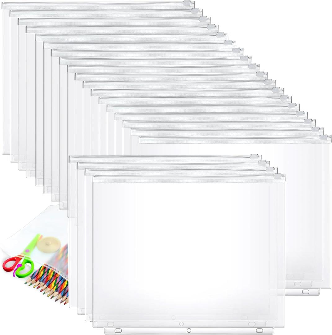 Gersoniel 40 Pieces Binder Pockets 3 Hole Zipper Pouch 3 Ring A4 Pockets with Zipper Binder Folders Plastic Pouches Loose Leaf Bags Waterproof PVC Document Filing Bag(Clear,A4)