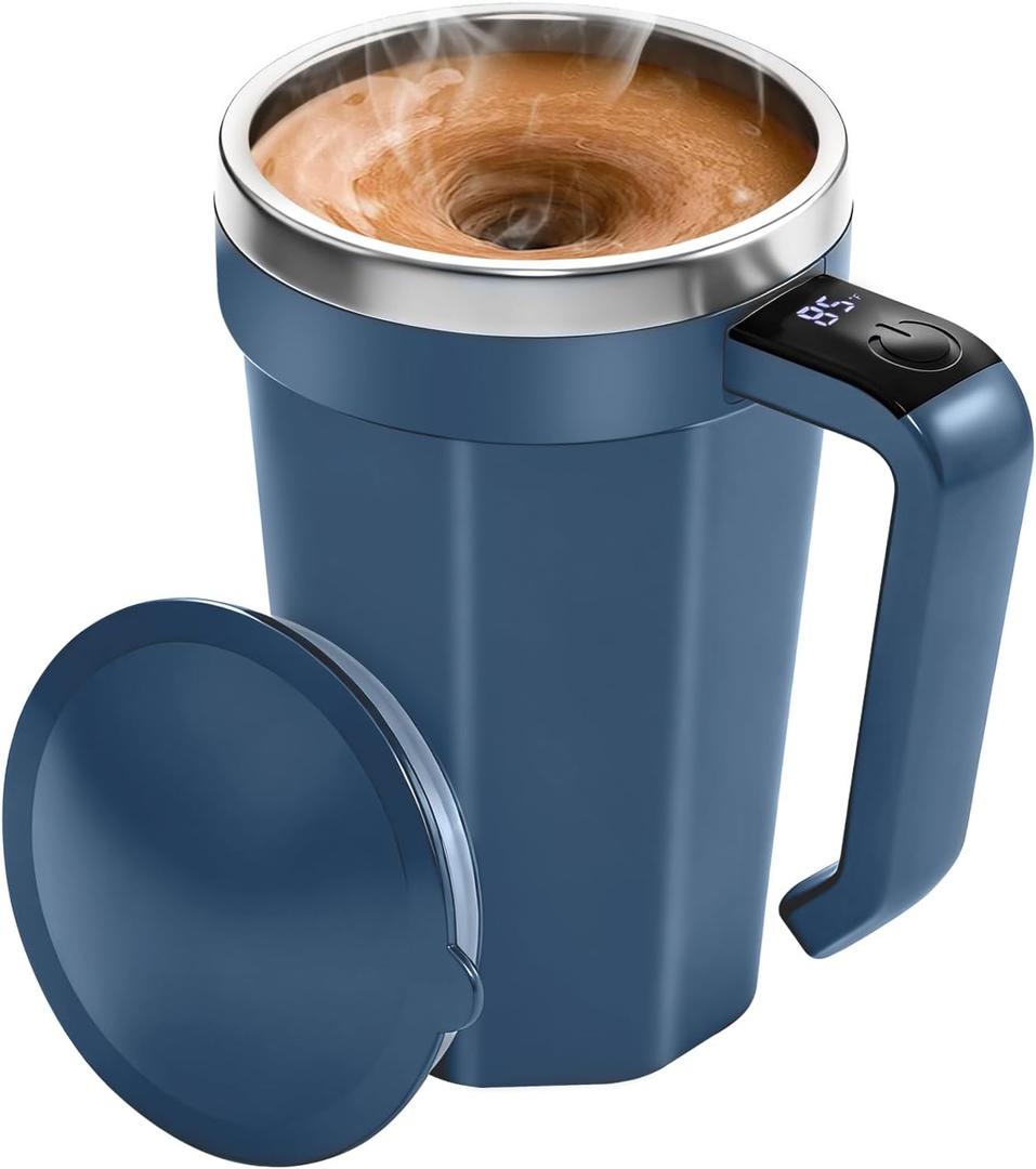 Self Stirring Coffee Mug with Temperature Display, 18 oz Rechargeable Self Stirring Mug with Lid, Automatic Self Stirring Cup, Coffee Mug with Stainless Steel for Coffee, Milk, Beverages, Blue