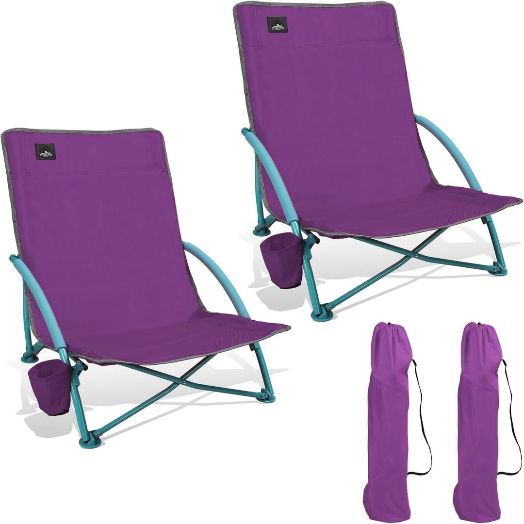 Northroad 2 Pack Low Folding Beach Chair,Portable Lightweight Lowback Sling Chair, Outdoor Low Seat Camping Chair w/Cup Holder & Carry Bag for Sand Camping Lawn Picnic Festival,Purple
