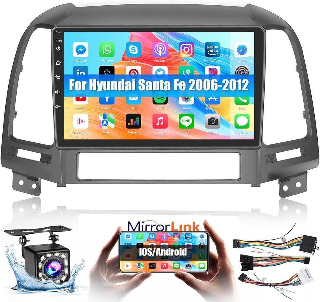 Roinvou for Hyundai Santa Fe 2006-2012 Android Car Radio Stereo 9 Inch Capacitive HD Touch Screen Mirror Link GPS Navigation Head Unit with WiFi Bluetooth USB FM RDS Steering Wheel Controls