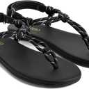 Rihero Rope Thong Sandals for Women Ankle Strap Slip On Comfortable Beach Flat Sandals (Black)