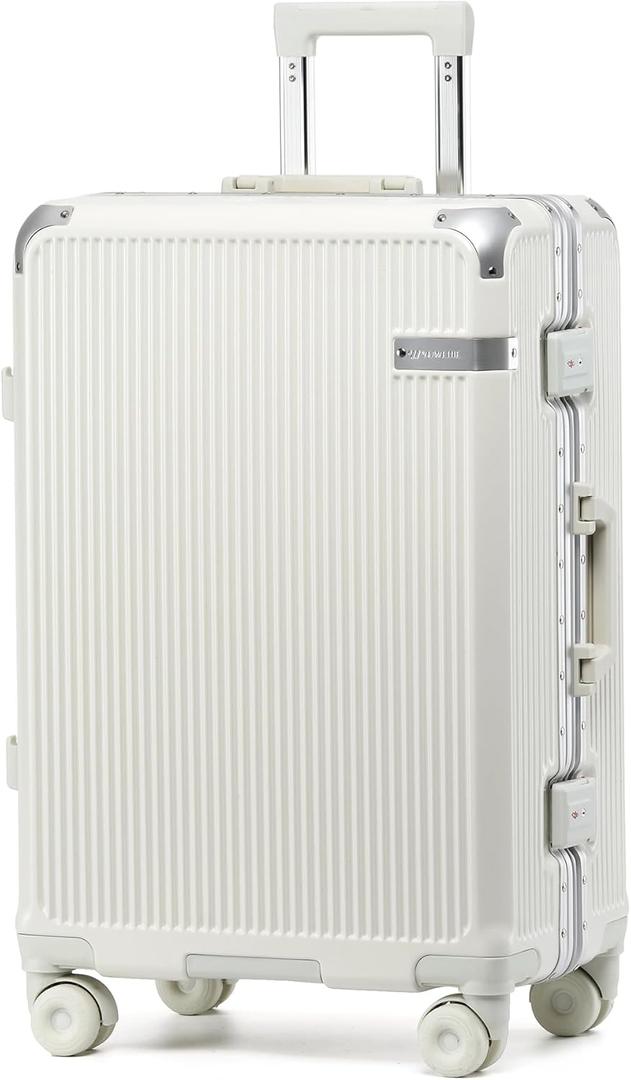 Checked Suitcase with Spinner Wheels, Zipperless Hard Shell Suitcase with Aluminum Frame, Large TSA Approved Suitcase for Business Travel (White, 22 Inch)