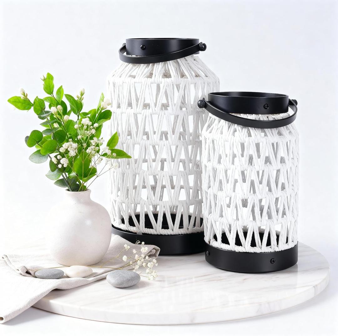 Boho Natural Rattan Lanterns - Handcrafted, Modern Farmhouse Style, Perfect for Living Room, Patio, Porch, Cafés, Boutiques & Garden Areas