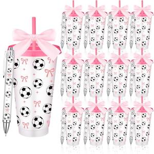 Ferrochef 24 Pcs Sport Party Favor Include 24 oz Reusable Plastic Cups with Lid Straw Pink Bow Ballpoint Pen Tumbler for Team Birthday Party Decor Senior Night Gift Gender Reveal