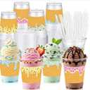 Jingmore 48 Set 12oz Clear Ice Cream Party Cup Disposable Plastic Dessert Parfait Cups with Lids and Straws Summer Ice Cream Disposable Cold Drinking Party Favors for Outdoor Graduation Bar Supplies