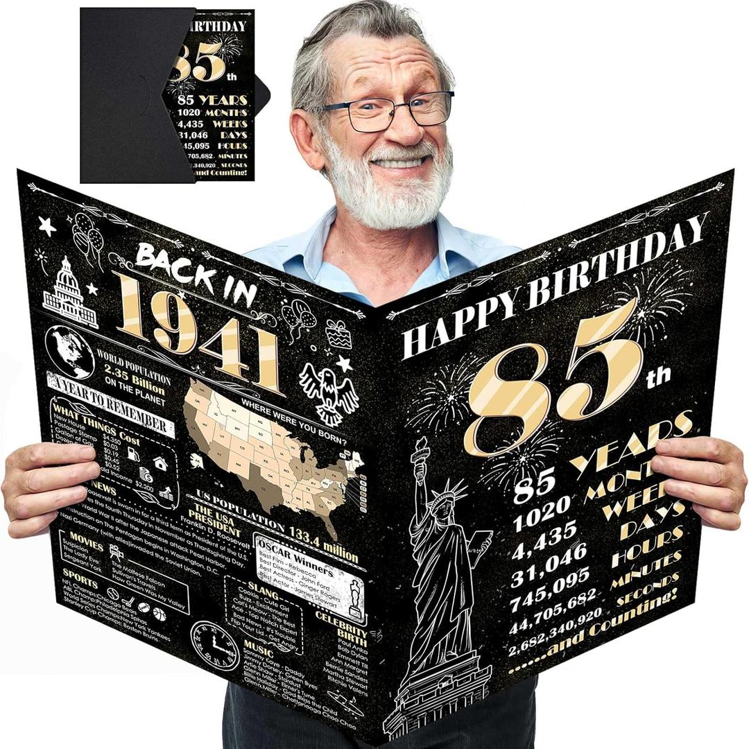 Large 85th Birthday Card With Envelope, Jumbo Happy Birthday Cards for Men Women, Black Gold Giant Guest Signature Book, Back in 1941 Big Vintage Greeting Card Decoration Bday Gift Party Supplies