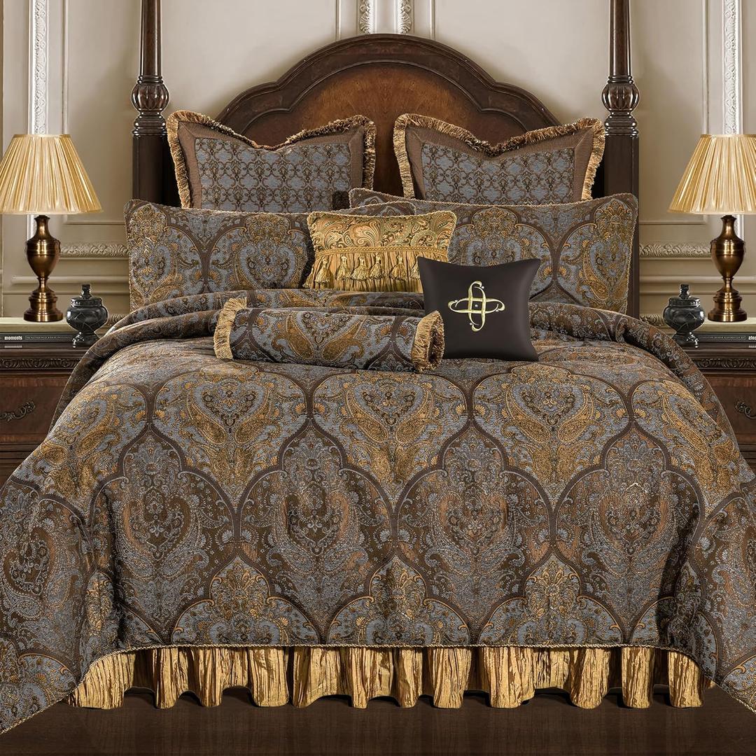 Loom and Mill 9-Piece Jacquard Comforter Set, Luxury Classic Antique Comforter Queen Sets, Ultra Soft Damask Bedding with Euro Shams, Bedskirt, Filled Decorative Pillow for Home (Bronze Gold, Queen)