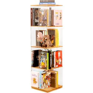 Rotating Bookshelf, 360 Degree Revolving Bookcase, 4-Tier Spinning Bookshelf, Clear Acrylic & Solid Wood Rotating Bookcase for Kids Playroom, Bedroom and Living Room, Square