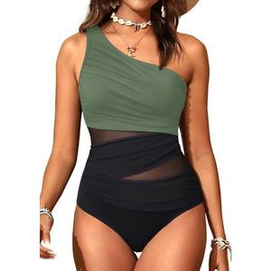 Aqua Eve Women Mesh One Piece Swimsuit - Tummy Control One Shoulder Bathing Suit Cut Out Swimwear 2025 Medium