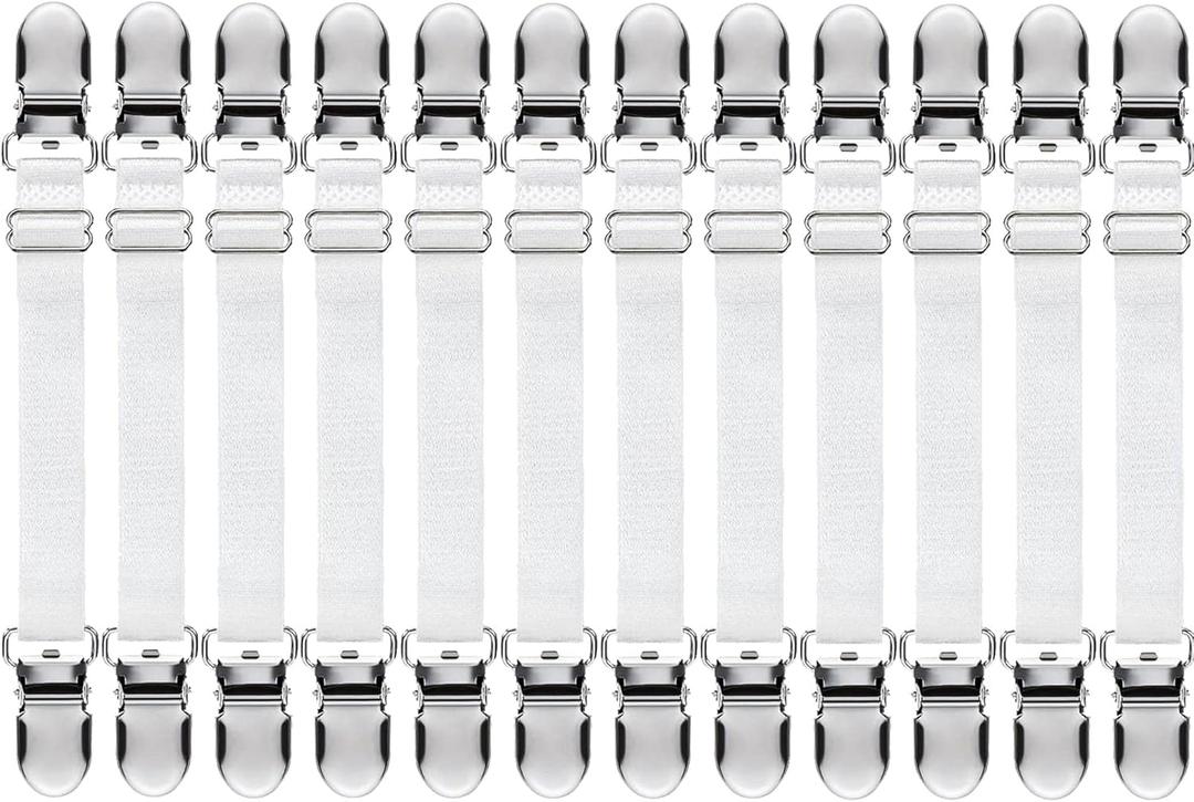 Boao 12 Pcs Bed Sheet Clips Straps Sheet Corner Straps Holder Adjustable Mattress Clips, Elastic Bed Grippers Suspender Fasteners Holder for Home(White,4-8 Inch Length)