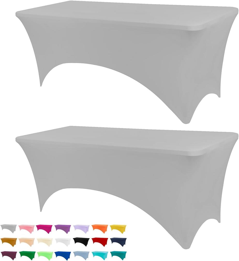 BDDC Table Covers for 6 Foot Tables, 2 Pack Sliver Gray Washable and Wrinkle Resistant Stretch Tablecloths Rectangle 6ft for Events, Wedding, Banquets, Parties