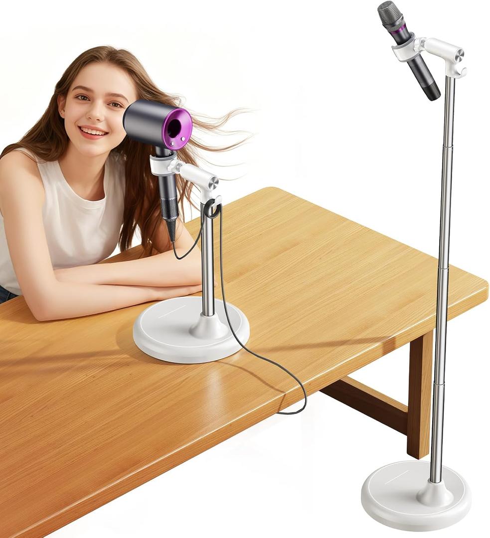 Hair Dryer Stand Hands Free With Anti-Slip Stable Base, Aluminum Alloy ,Adjustable Height 17 - 51 Inch,Blow Dryers Hairdryer Holder for Families & Pet Grooming Bathroom Use Hair Dryer HolderWhite