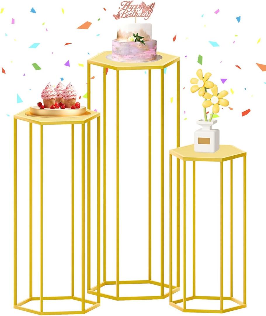 Hexagon Pedestal Stand Set of 3 Gold Cylinder Stands for Party Metal Cylinder Pedestal Stands Tall Cake Table Stands Cylinder Tables for Parties Cilindros Para Fiestas for Birthday Party Decor