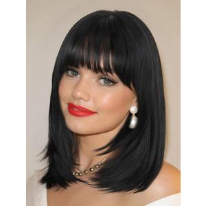 FANCEE Layered Wigs with Bangs 14 Inch Short Black Glueless Ready-to-Go Straight Synthetic Bob Wigs for Women Realistic Scalp Daily Cosplay Use