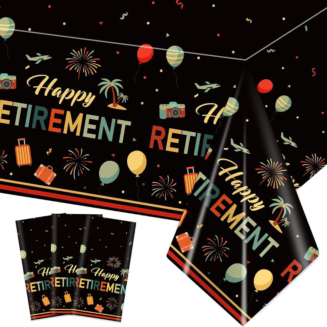 2 x 3Pcs Happy Retirement Party Tablecloth, 54 x 108 Inch Colorful Vintage Retired Plastic Table Cover, Disposable Retirement Party Decorations for Men Women Farewell Party Supplies