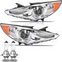 Headlights Assembly for 2011-2014 Hyundai Sonata(Not for Hybrid), Passenger & Driver Side Halogen Headlamp with Bulbs Clear Lens Black Housing Amber Reflector, 1 Pair, OEM# 92101-3Q000