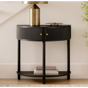 Fluted Half Moon Shaped Console Table, Small Entry Desk with Storage for Narrow Spaces, Modern Boho Decor, Living Room Furniture, Solid Wood Entryway Table with Two Doors & Brass Knobs (Black)