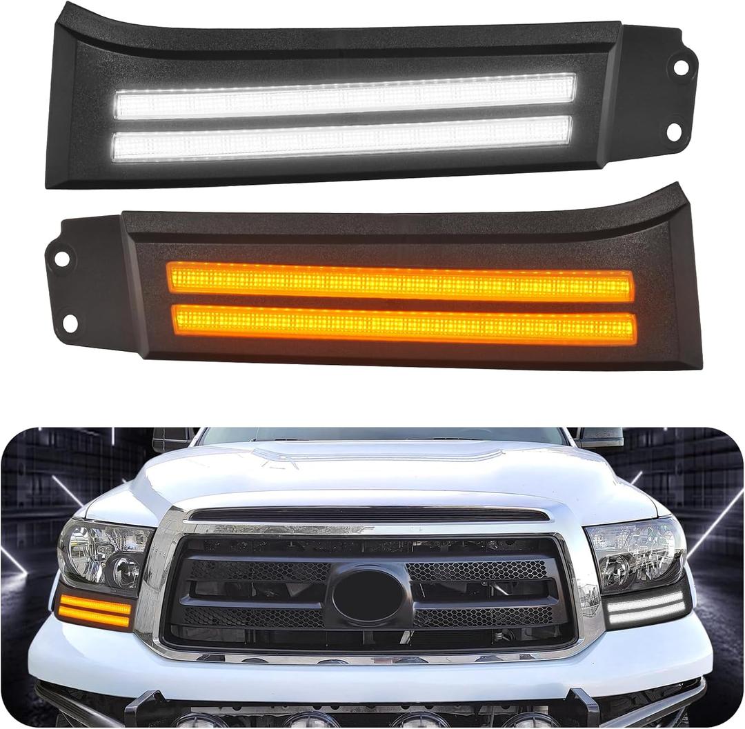 LED Daytime Running Lights For 2007-2013 Toyota Tundra 08-13 Sequoia Fog lights DRL Amber Turn Signals LED Headlight Guard Tundra Headlight Assemblies Fog Lights(for Tundra 07-13 DRL)
