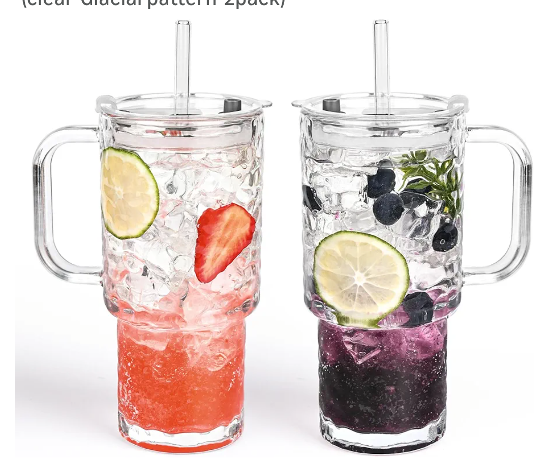 18oz Glass Tumbler with Handle & Lid – 2-Pack Iced Coffee Cups with Straws, Glass Mug for Cold & Hot Beverages Travel Cup for Smoothies, Tea, and Juice (clear-Glacial pattern-2pack)