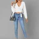 LYANER Women's Wrap V Neck Self Tie Knot Bishop Long Sleeve Ribbed Knit Crop Blouse T-Shirt Top (White, S)