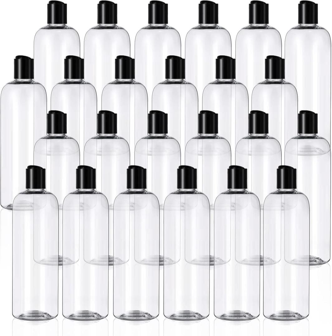 Nuenen 24 Pieces Plastic Empty Bottles Clear Squeeze Travel Containers with Black Disc Cap Refillable Shampoo Travel Bottles for Toiletries Lotion Container for Body Soap Cream(16 oz)