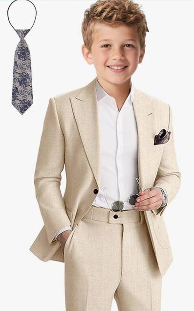 Boys Linen Suit Slim Fit Peaked Lapel Beach Wedding Formal Suit for Kids Tuxedo Suits for Boy Ring Bearer Outfit Set Of Three Small Stain On Pants Size 4T