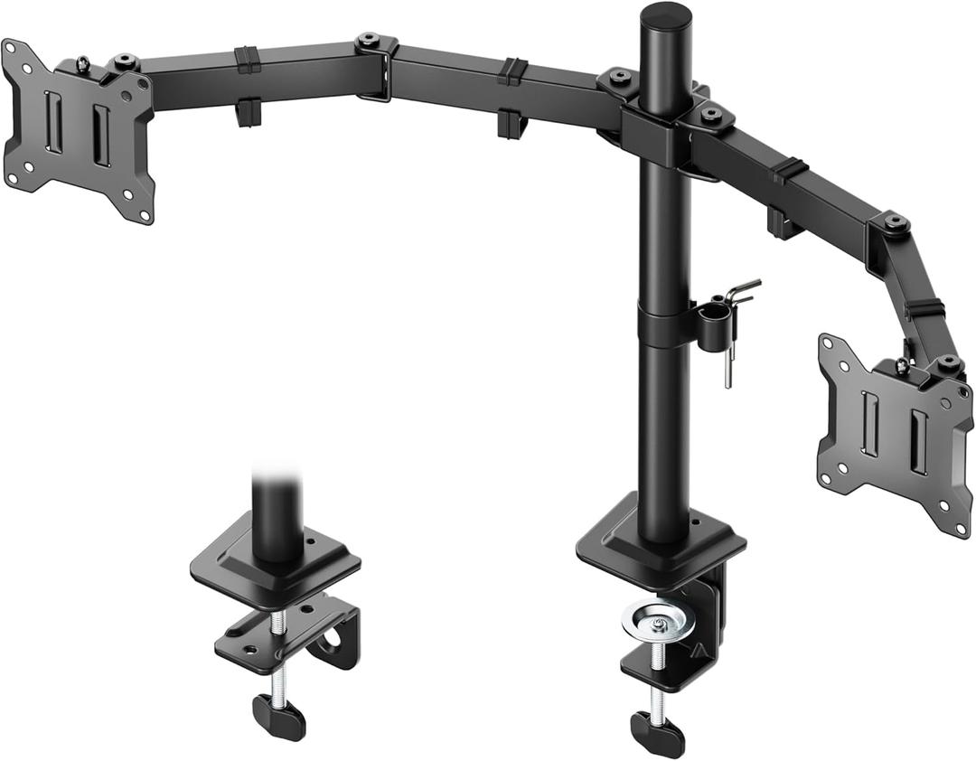 monTEK Stable Dual Monitor Stand for 17"32 Computer Screens, Heavy-Duty Desk Mount with 22 lbs per Arm, Fully Adjustable Brackets and Arms, Clamp/Grommet Base, VESA 100100mm Max