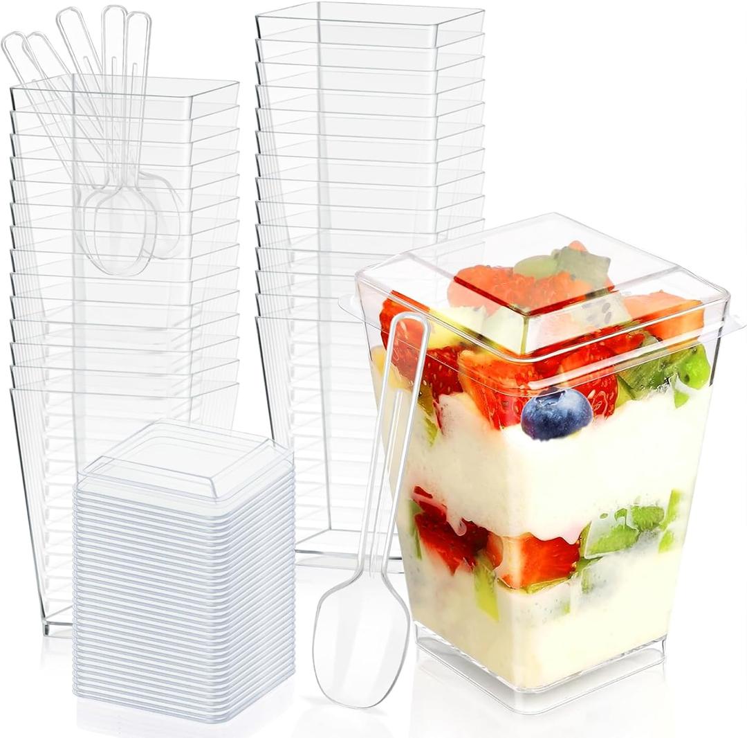 50 Pack 5oz Plastic Dessert Cups with Lids and Spoons