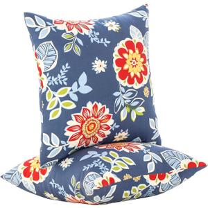 JMGBird Weather-Resistant Outdoor Pillows Set of 2, 18x18 inch Durable Red Flowers Blue Background Throw Pillows with Inserts for Patio Furniture  A-blue With Flower